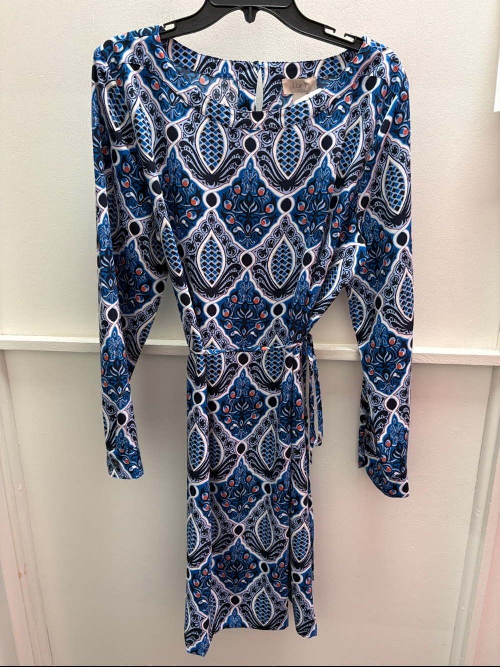 LOFT Blue and White Long-Sleeve Tie-Waist Dress